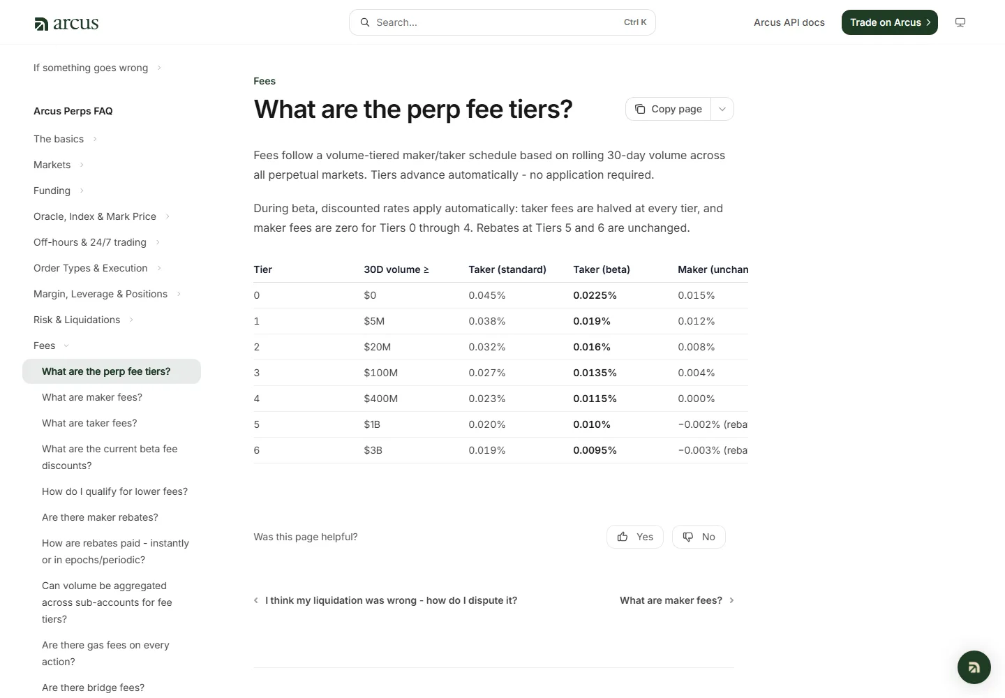 Arcus Help Center page What are the perp fee tiers, with a table of tiers 0 to 6 showing standard and beta taker rates and maker rates