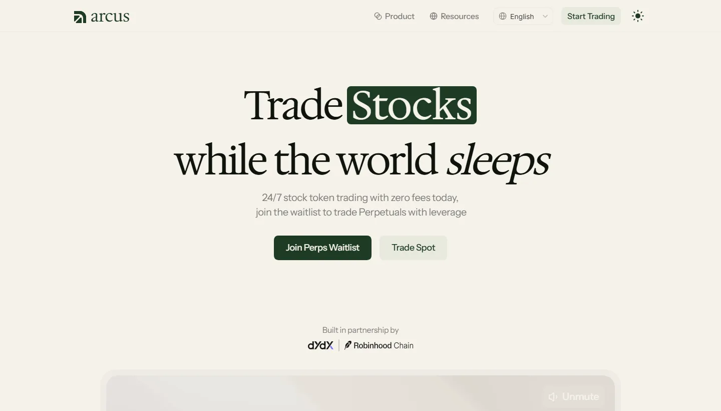 The Arcus homepage at arcus.xyz, with the tagline Trade Stocks while the world sleeps and buttons for the perps waitlist and spot trading