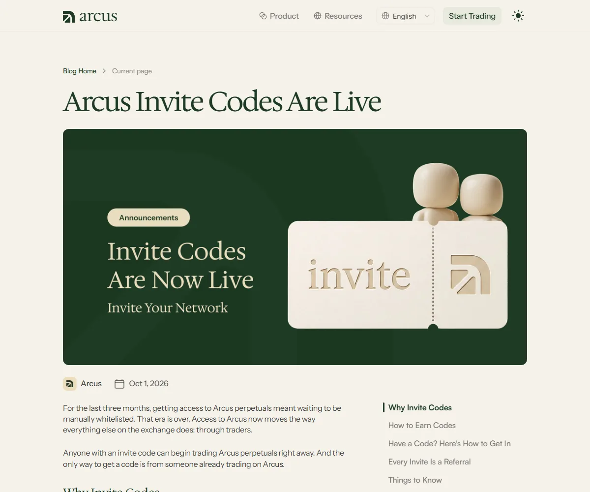 Arcus's official announcement, Arcus Invite Codes Are Live, published 2026-10-01