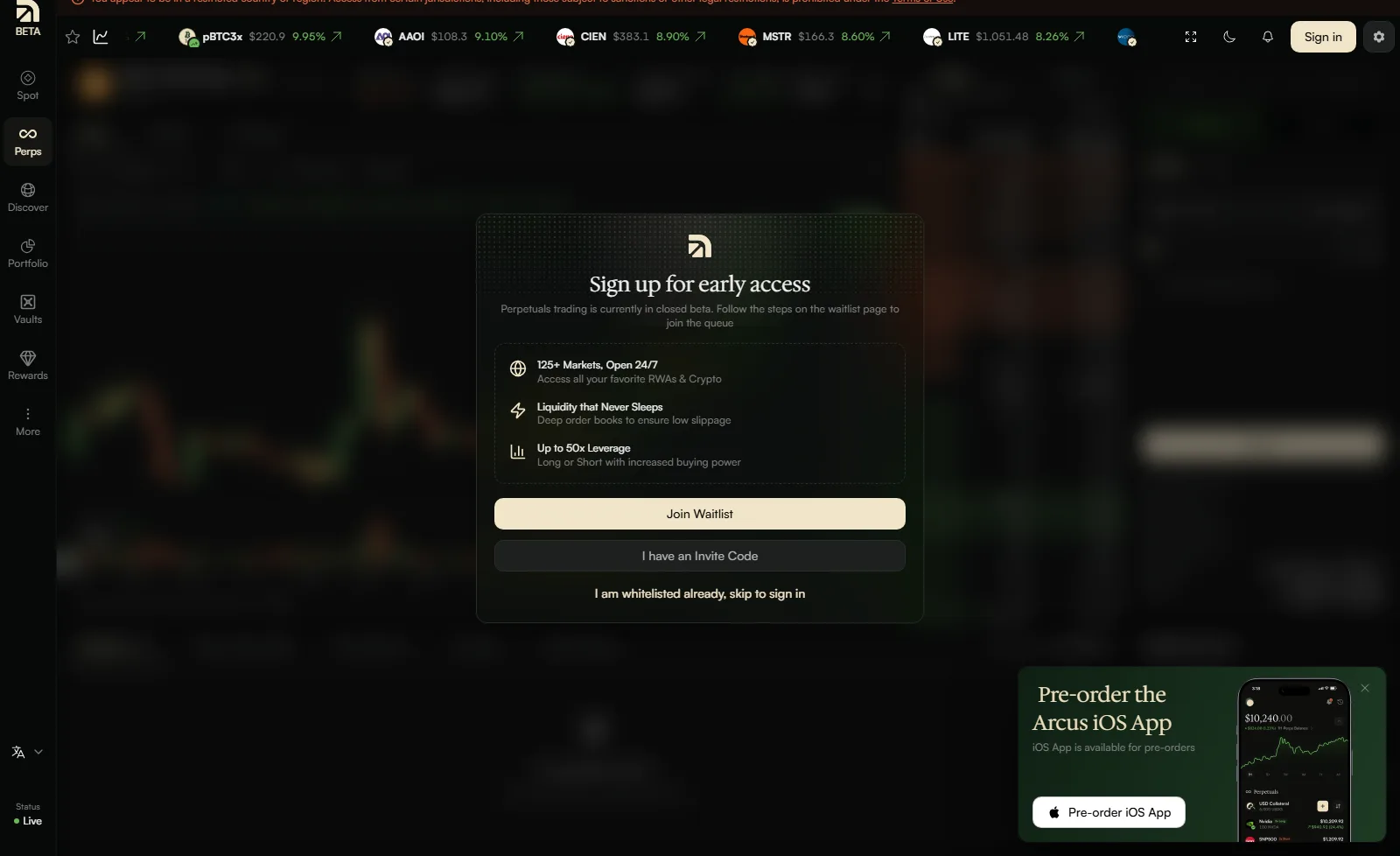 The Arcus BTC-USD perpetuals page behind a Sign up for early access gate, with an I have an Invite Code option