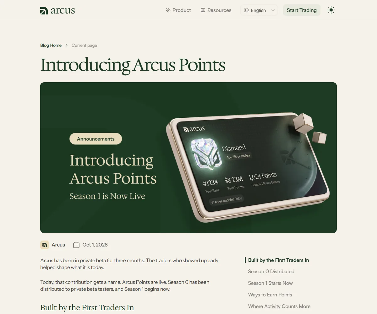 Arcus blog post Introducing Arcus Points dated October 1, 2026, with a promotional card announcing that Season 1 is now live