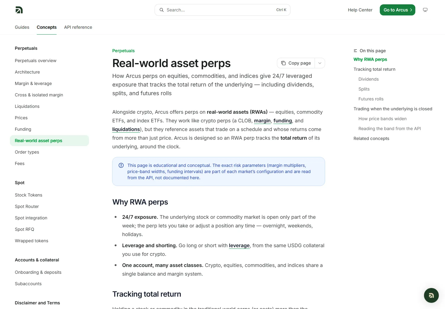 Arcus documentation page Real-world asset perps, explaining how RWA perps track total return and listing sections on dividends, splits, futures rolls and trading when the underlying is closed