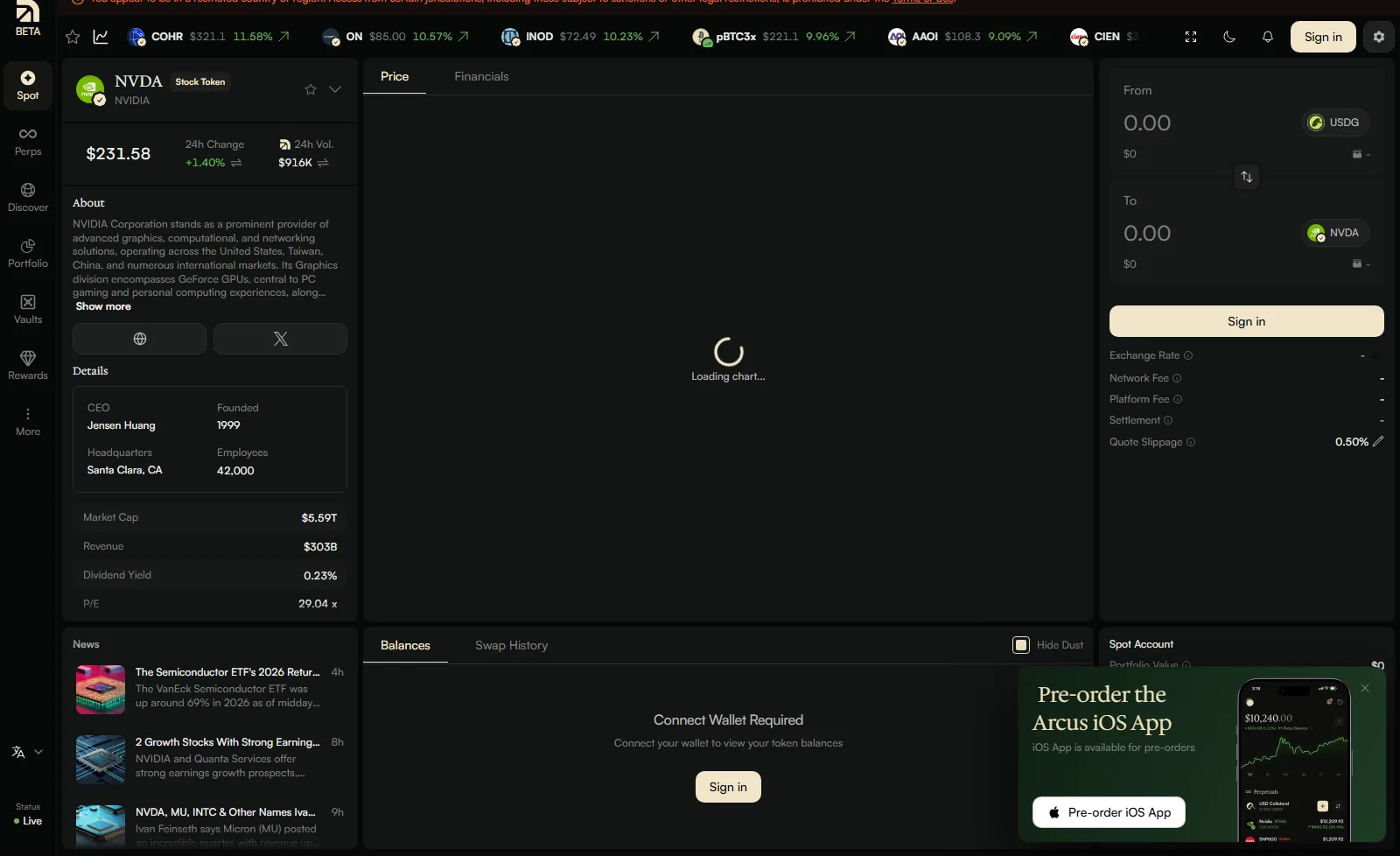The Arcus spot trading page for the NVDA Stock Token, with the price chart and the swap panel