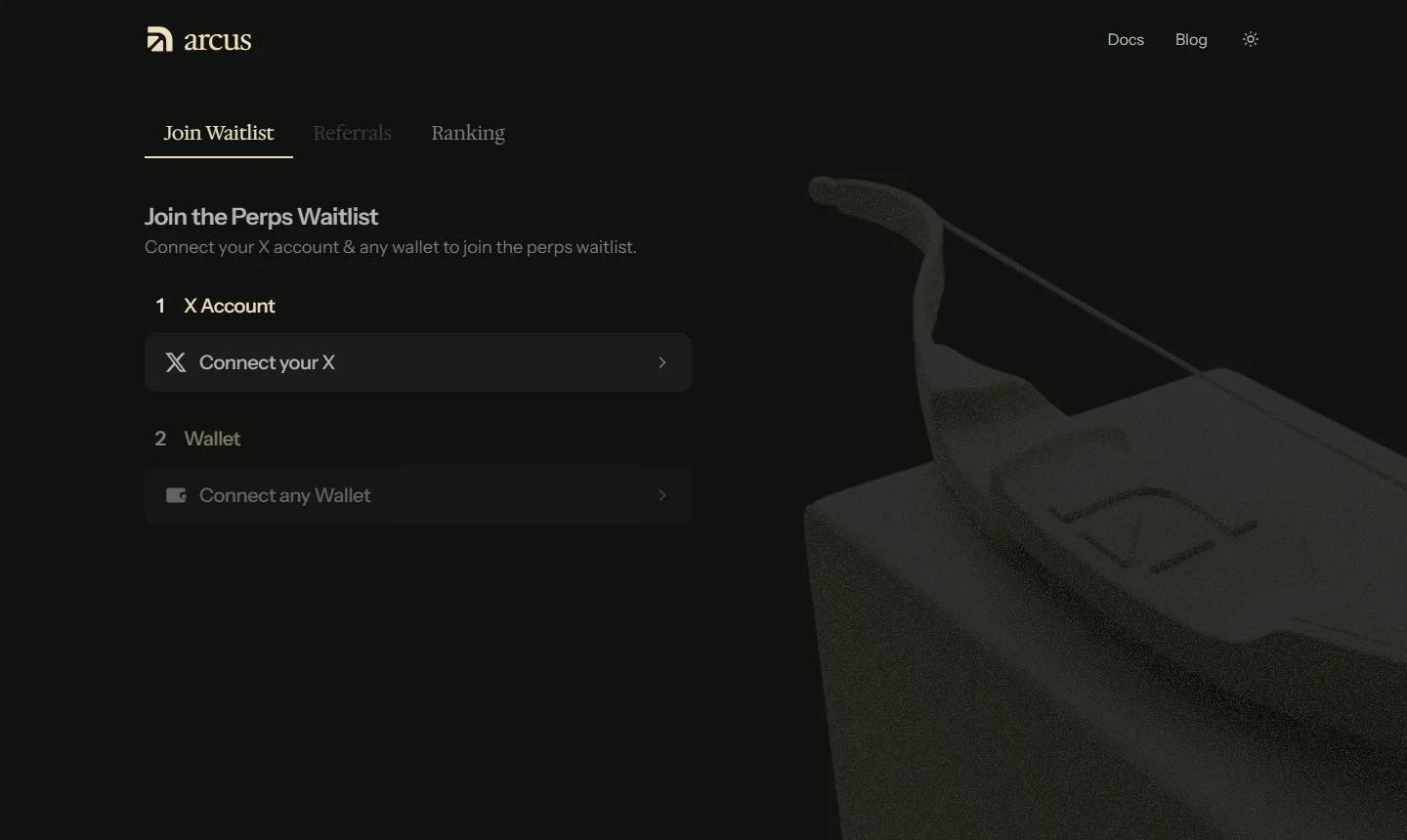 The Arcus perps waitlist at waitlist.arcus.xyz: step 1 connect your X account, step 2 connect any wallet