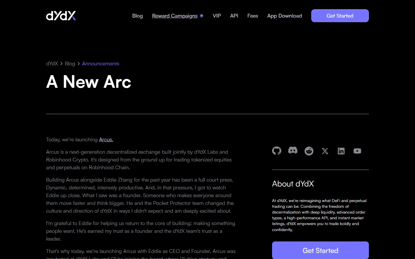 Antonio Juliano's A New Arc post on the dYdX blog, opening with Today, we're launching Arcus