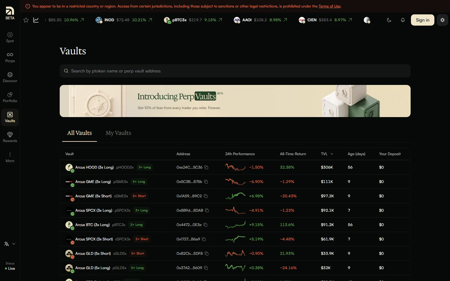 The Vaults page in the Arcus app listing pTokens such as Arcus HOOD 3x Long, GME 5x Long and Short, SPCX 3x Long and Short, BTC 3x Long and GLD 5x Long and Short, with address, 24-hour performance, all-time return, TVL and age columns
