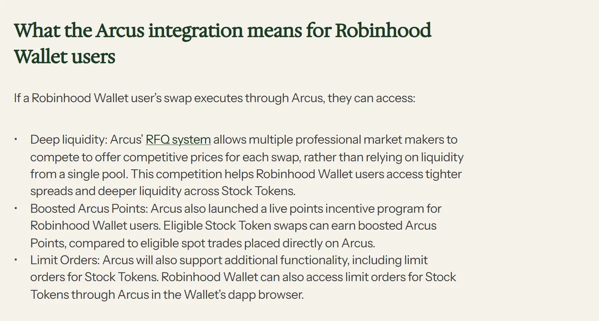 Section of Arcus's announcement headed What the Arcus integration means for Robinhood Wallet users, listing deep liquidity through the RFQ system, boosted Arcus Points, and limit orders for Stock Tokens through the wallet's dapp browser