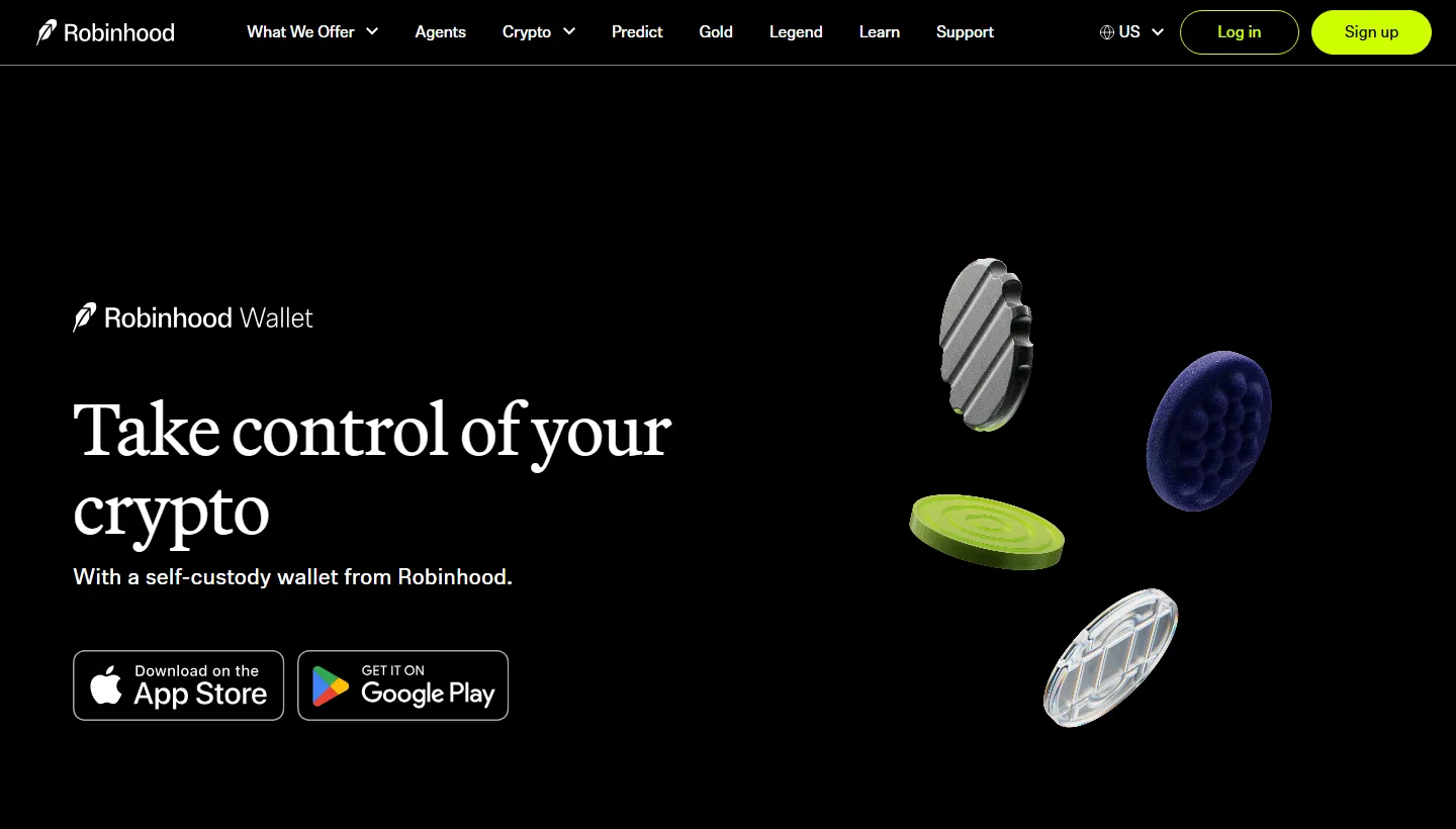 Robinhood Wallet product page with the headline Take control of your crypto, the line With a self-custody wallet from Robinhood, and App Store and Google Play download buttons