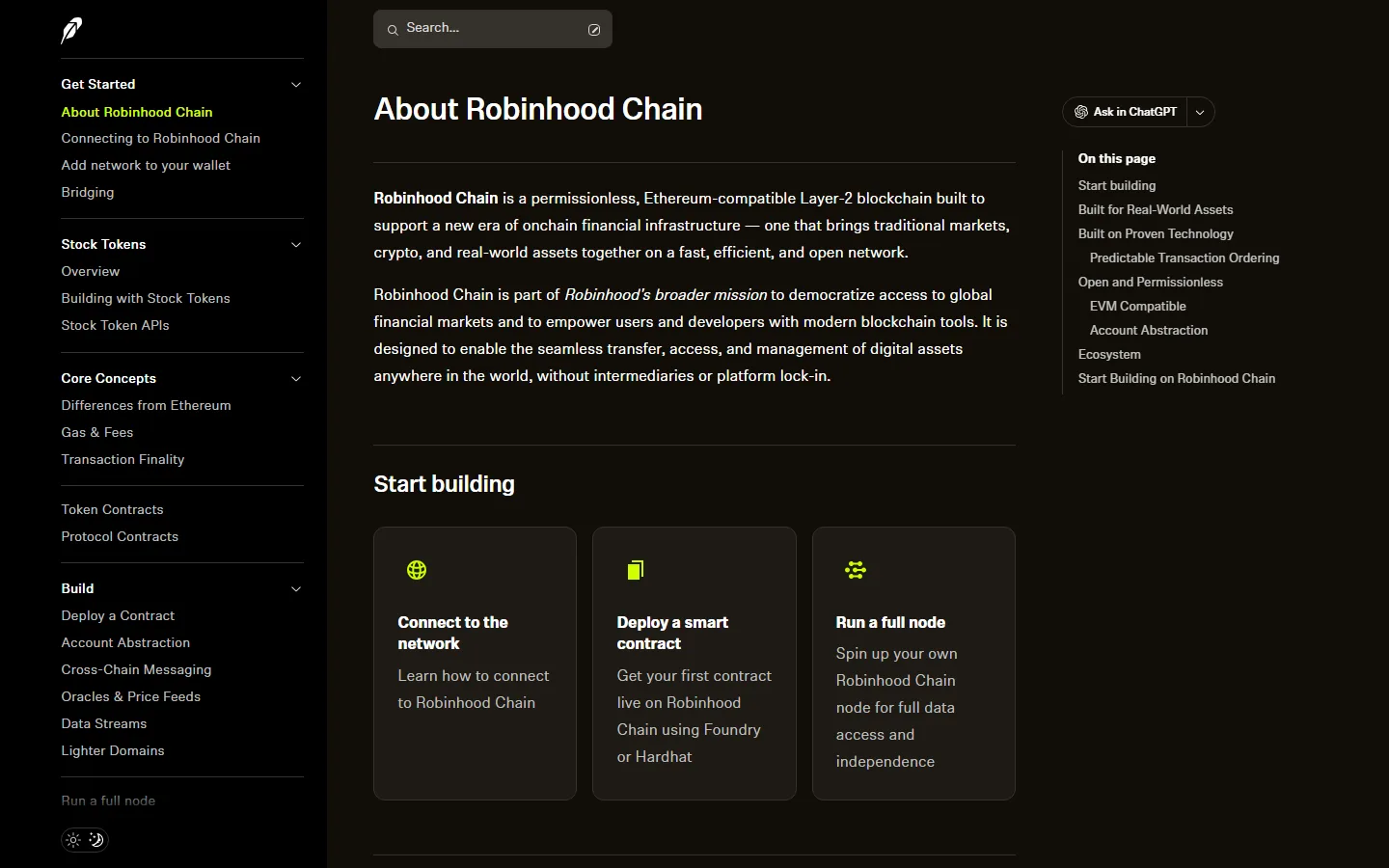 Robinhood Chain documentation page About Robinhood Chain, describing a permissionless, Ethereum-compatible Layer-2 blockchain