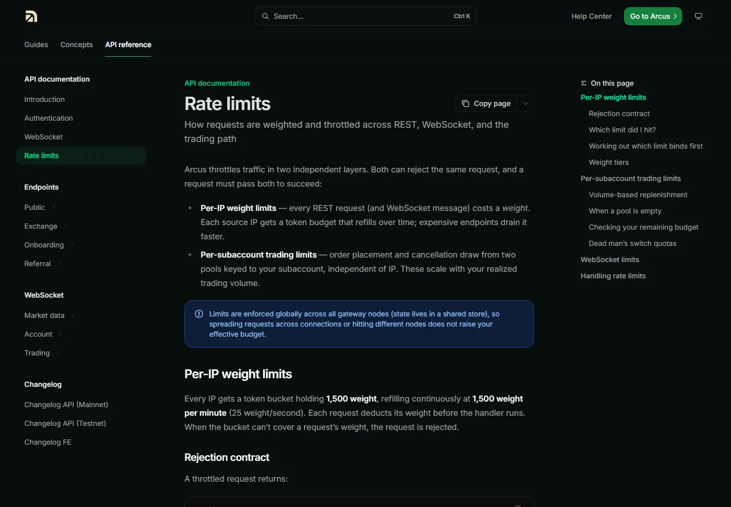Arcus API docs rate limits page describing per-IP weight limits and per-subaccount trading limits
