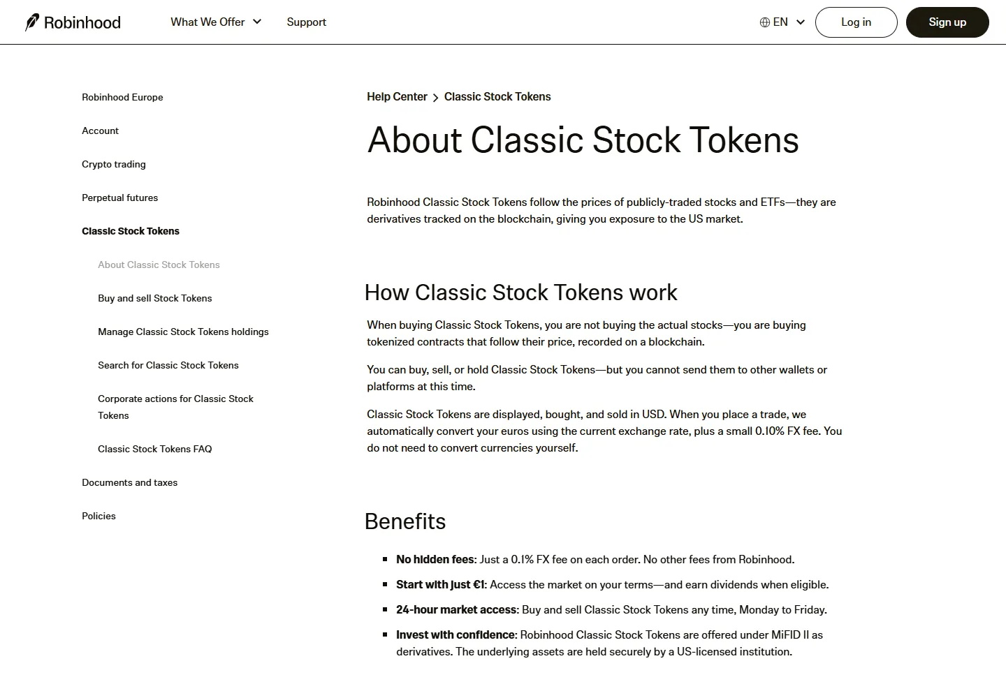 Robinhood Europe Help Center page About Classic Stock Tokens, describing them as derivatives tracked on a blockchain that cannot be sent to other wallets, with a 0.10% FX fee and Monday to Friday market access